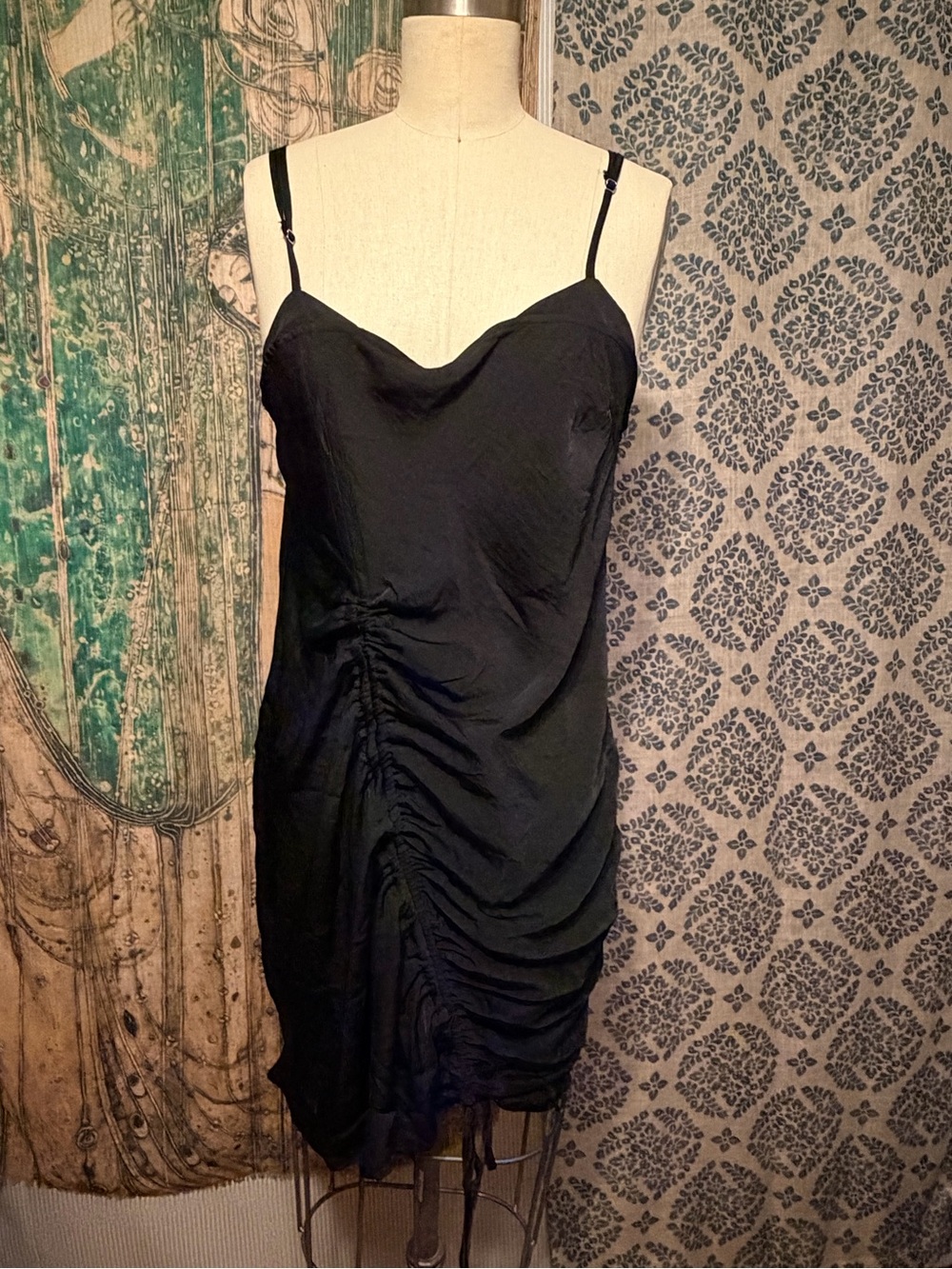 Free People Black Ruched Satin Slip Dress